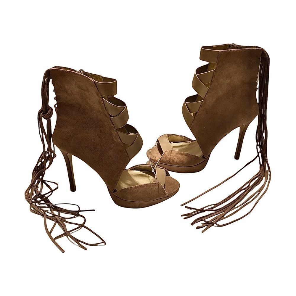 Brand new LUST FOR LIFE women’s size 7 tan suede stiletto open toe heels.
